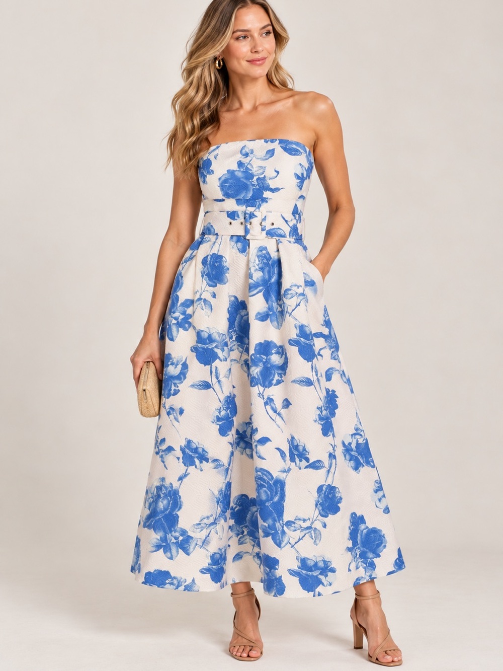 Blue Floral Strapless Maxi Dress with Belt